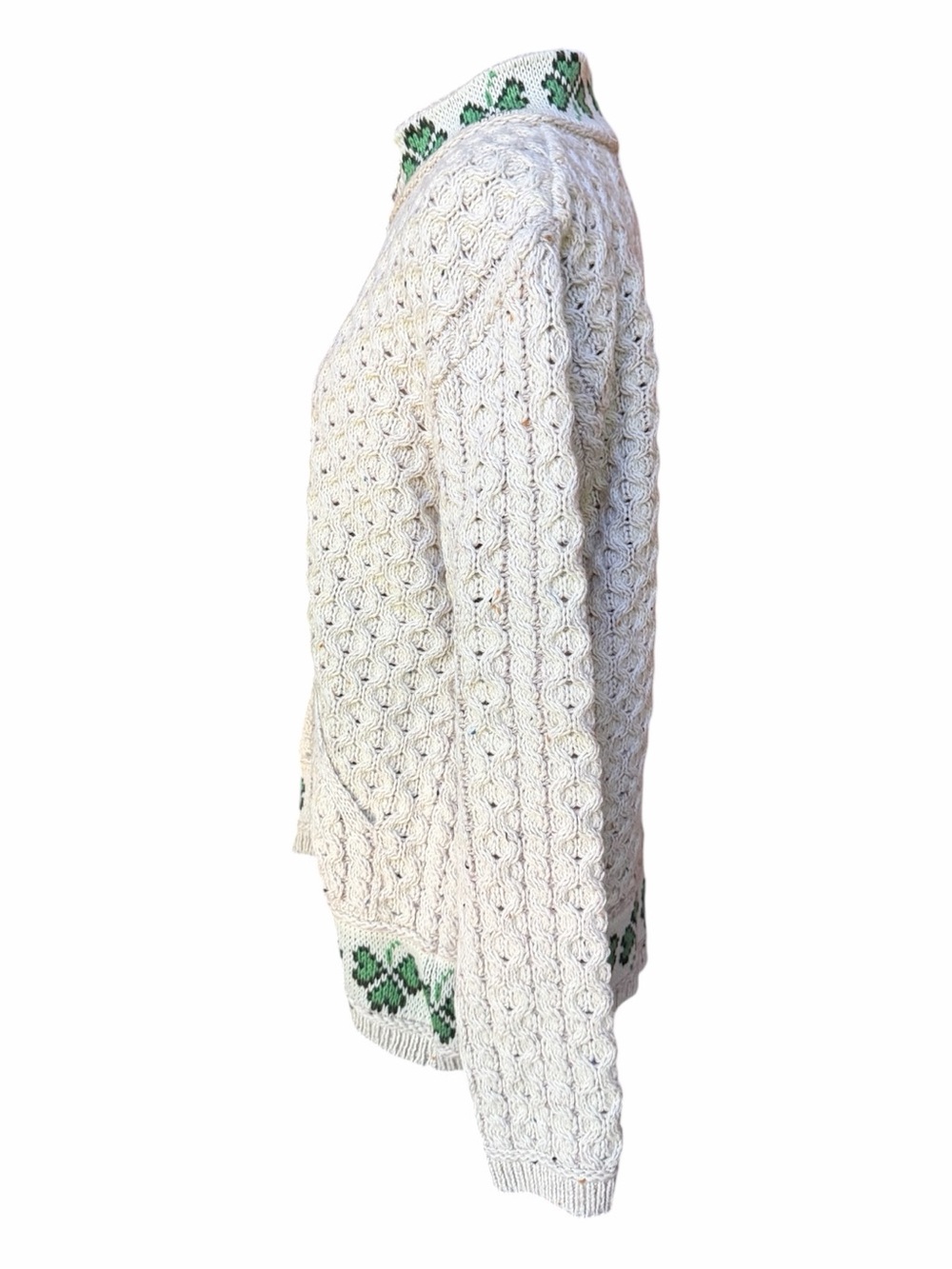 Deadstock w/o Tag 1990s Aran Crafts 100% Merino Wool Oatmeal Shamrock Zip Cardig - Picture 4 of 6